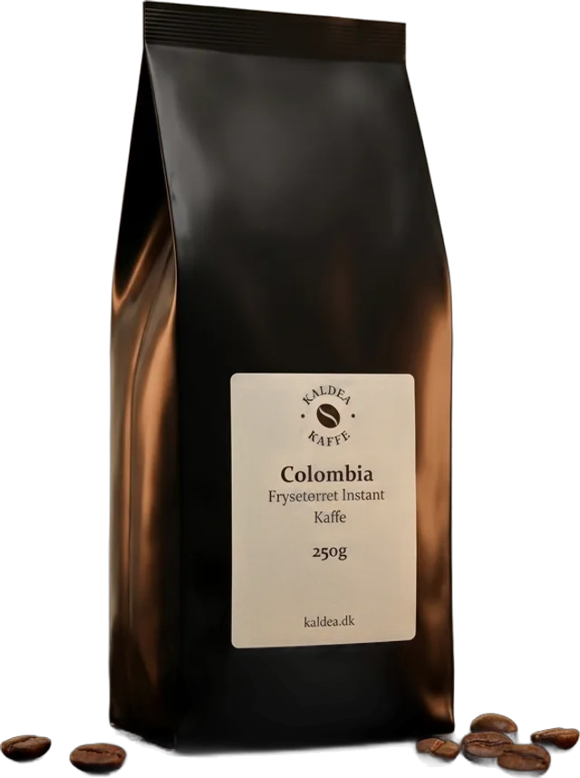 Sort pose med lys etiket: Kaldea Instant Colombia, frysetørret instantkaffe, 250 g