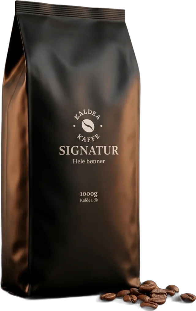 Sort pose med Kaldea Signatur, hele bønner, 1000 g, med kaffebønner foran