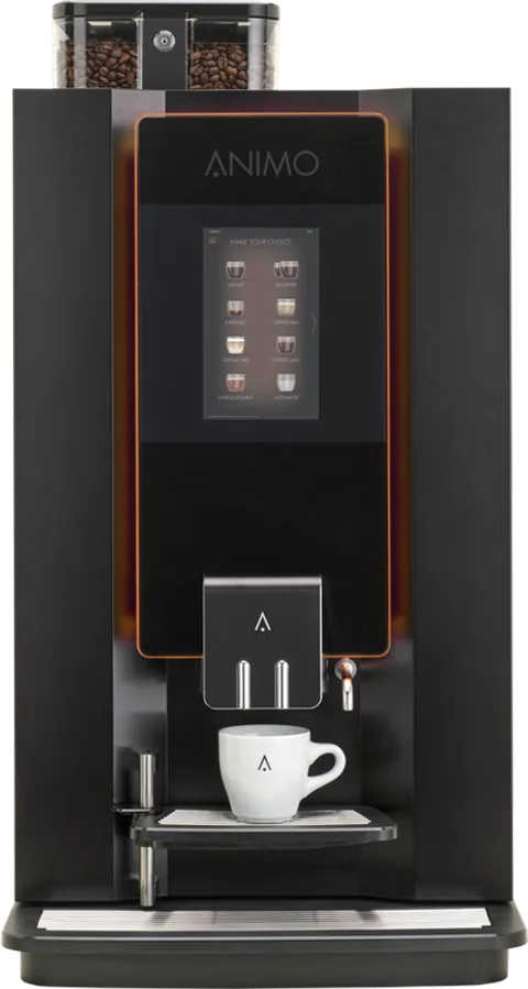 Animo OptiBean X12 kaffeautomat til friskmalede bønner, sort front med berøringsskærm (Animos produktfoto)