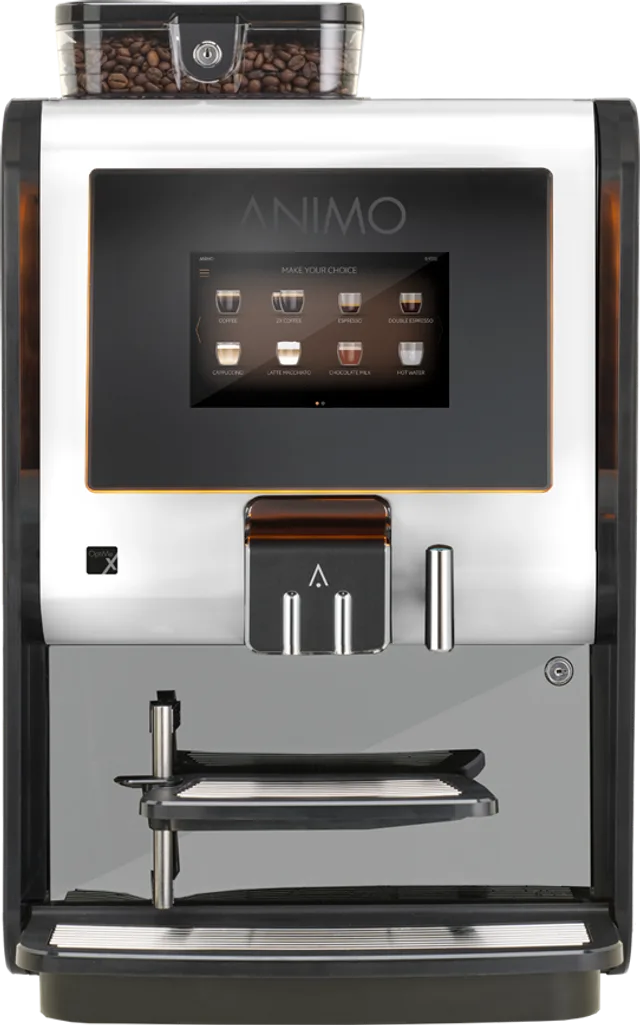 Animo OptiMe X12 kaffeautomat med bred berøringsskærm, hvid front (Animos produktfoto)