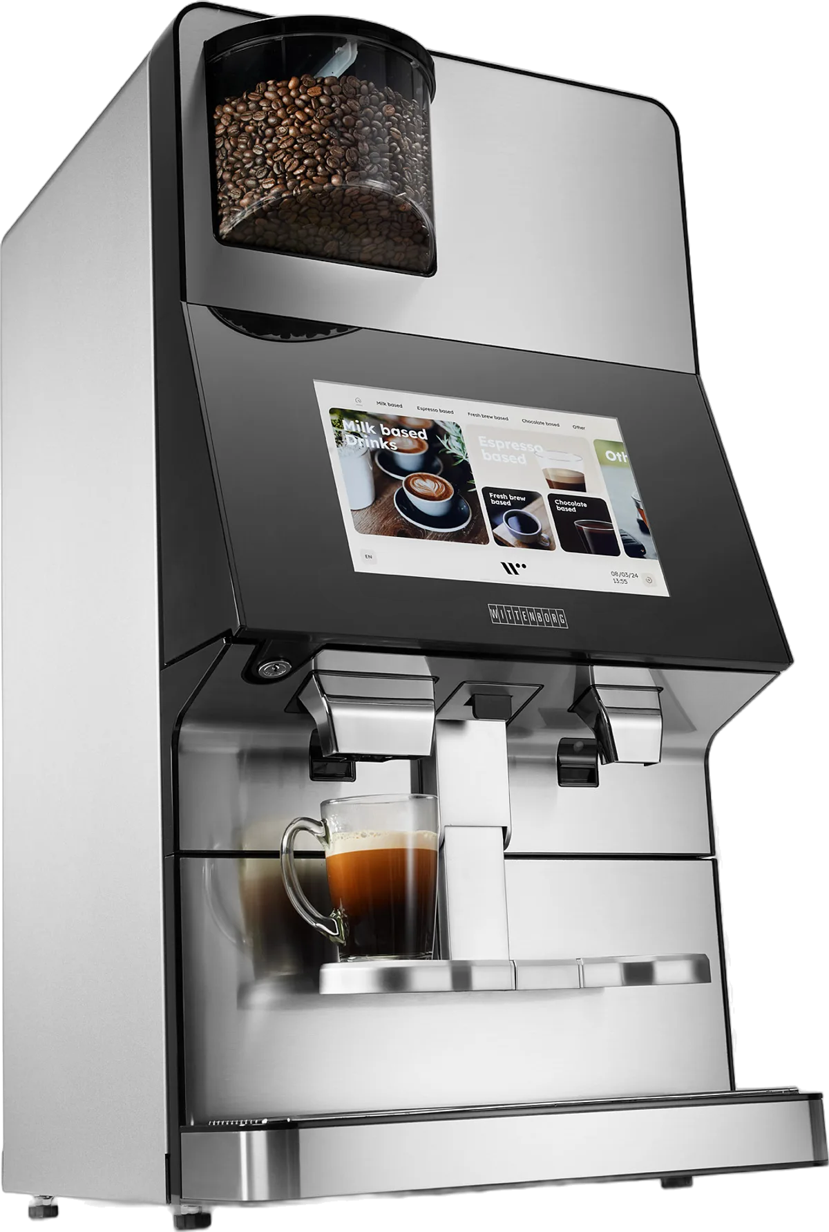 Wittenborg W100 i rustfrit stål set fra siden med en kop kaffe i udleveringsområdet